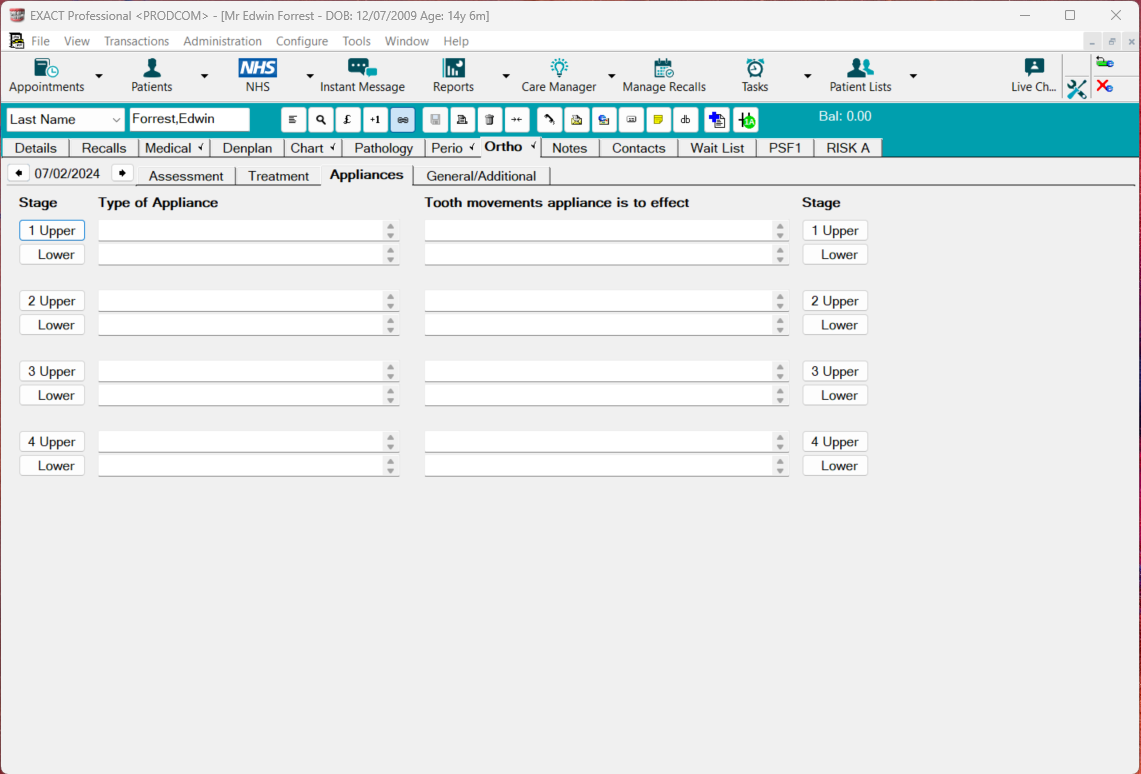 Image of the appliances tab within the Orthodontic tab in EXACT